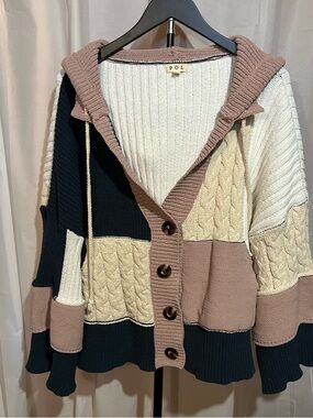 POL Colorblock Cable-Knit Hooded Cardigan - Pink/Black/Cream